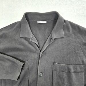 Zara Mens Gray Ribbed Knit Button Down Shirt Jacket L-XL Charcoal Pockets